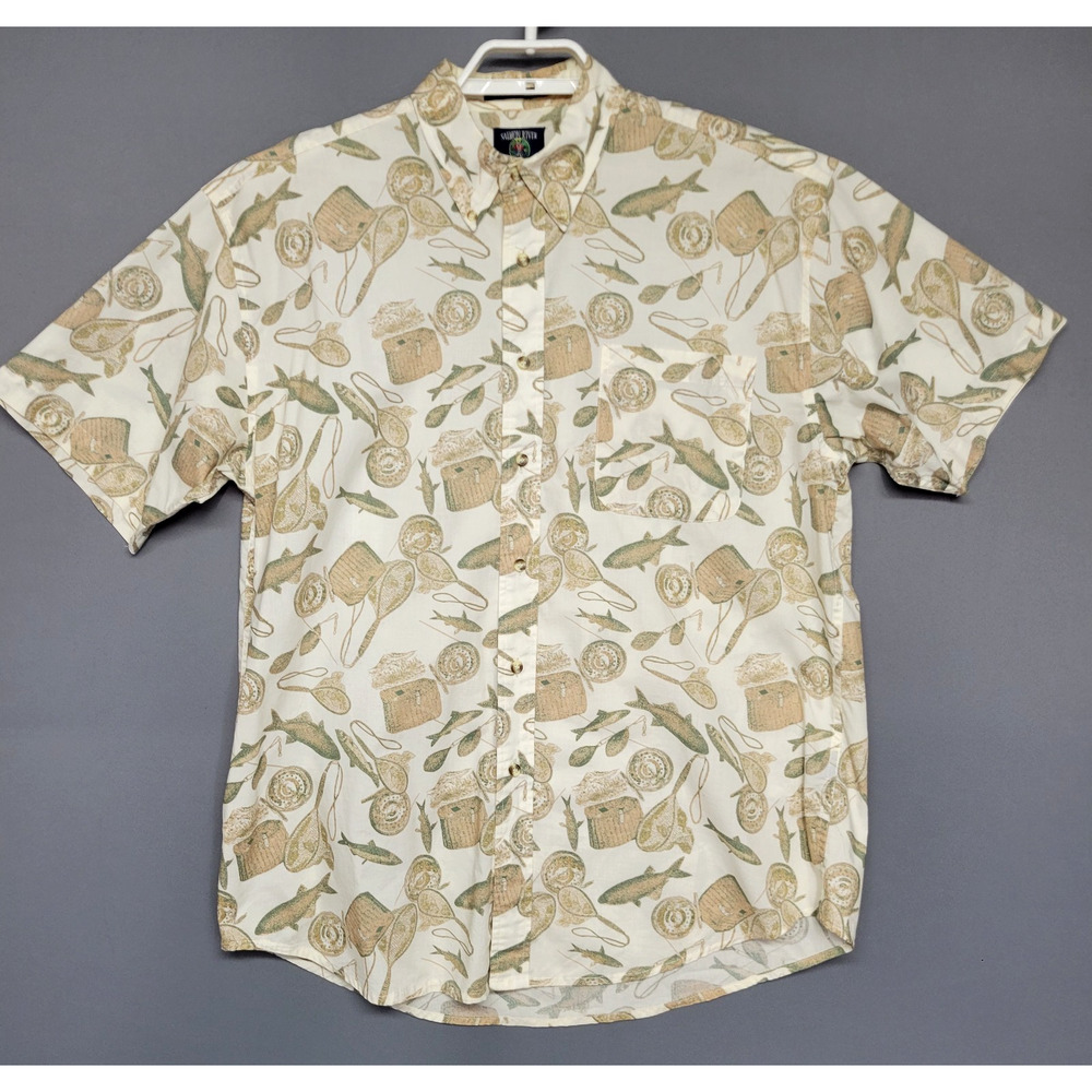 Salmon River Traders Shirt Mens Large Fishing Print Button Up Outdoors Casual